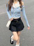 Y2k Coquette Blue Crop T-shirts Women Off Shoulder Korean Style Patchwork 2 Pieces Sets Long Sleeve Slim Tops