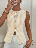 Fongt New Women's Single-Drace Vest Coat Elegant Striped Round-Neck Button Vest Top
