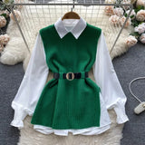 Light Luxury Ladies Dress Set Women's Loose Long-sleeved White Shirt Top + Slit Knitted Vest Vest Two-piece Set-Outfit