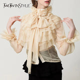 TWOTWINSTYLE Perspective Tops Female Bowknot Flare Long Sleeve Ruffle Shirt Blouse Women Korean Fashion Clothes 2020