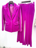 QUALITY 2023 Fall Winter Designer Runway Suit Set Women's Single Button Lapel Velvet Blazer Jacket Flare Pants