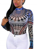 Women Bodysuits Ethnic Sexy Long Sleeve Shirt Jumpsuit Bodysuit Stretch Leotard Slim Print Bodycon Summer Bodysuit Tops-Outfit