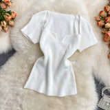 Fongt Spice Sister Wind Short T Shirt Short Sleeve Design Sense Small Square Collar Machine Dew Collarbone Crop Sweater Jacket Female-Outfit