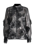 Fongt Retro Versatile Top Fall 2024 New Three-Dimensional Flower Embroidery Design Loose Mesh Perspective Shirt-Outfit