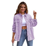 Holes Raw-edges Denim Jacket Women Spring Autumn Shirt Style Jeancoat Casual Top Rose-Red Orange Purple Outerwear Lady