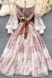 Women Mesh Dress Vintage Lantern Sleeves Printed Party Dresses Spring Summer Patchwork A Line Bandage Beach