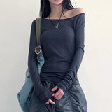 Girls Sexy French Solid Color Slim Long-Sleeved Blouse 2023 Shoulder Stitched Fashionable Knitted T-Shirt-Outfit