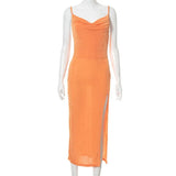 Summer Hot Sexy Solid Spaghetti Strap Backless Midi Dress Casual Evening Party Sexy V-Neck Split Folds