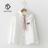 Cartoon Cat Embroidery Cotton White Shirt Turn-Down Collar Button Up Cute School Girls Blouse With Pink Tie Feminina