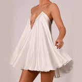 Solid Hollow V-neck A-line Mini Flared