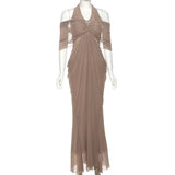 Fongt Summer Fashion Trend Women's New V-Necked Bare Back Mesh Splicing Body And Hip Dress