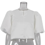 Fongt Spring / Summer 2024 Fashion Satin Bubble Sleeve Short Jacket Loose White Shirt-Outfit
