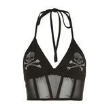 Fongt Spring Summer New Women's Solid Color Sexy Fashion Hot Diamond Hanging Neck Mesh Vest