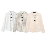 Fongt Bow Ornament Wave Point Printing Casual Shirt 2025 Spring And Summer Long-Sleeved Loose Women's Top