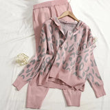 Women Knitted 3 Piece Sets Chic Leopard Print Hooded Cardigan+Crop Tops+ Knitted Harem Pants Outfits Korean Sweater