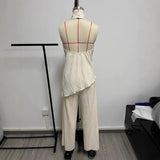 Fongt Women's New Asymmetric Neck Collar Blouse High-Waisted Silk Jerk Trousers Set