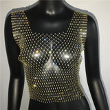 Sexy Mesh Crop Tops for Women 2023 Summer Rhinestones Fashion Party See Through Fishnet Tank Hollow Out Backless Top