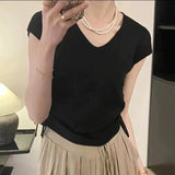 Silk V-Collar Vest Women Draw Rope Waist Design Sense Minority Summer 2024 New Chic Sweater T-Shirt-Outfit