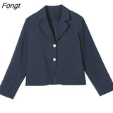 Women Single Breasted All-match Slim Cropped Blazer Solid Simple Casual Navy Blue Elegant Ulzzang Feminine New