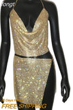 Women Sparkly Rhinestone Sexy Two Piece Set 2023 New Low Cut Sleeveless Halter Backless Party Top Split Empire Mini