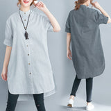 Fongt Summer New Cotton Lint Style Loose Large-Size Striped Shirt Women Long-Term Collar