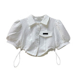 Style High Waist Shirts Women Puff Sleeve Crop Top Lace Up Design High-street Elegant Fashion Vintage Solid White