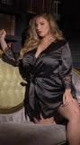 Fongt Lace Plus Size V Tie Bathrobe Lace Lattice Loose Pajamas-Outfit