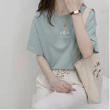 Fongt Sleeve Korean Round Collar T-Shirt Female 2024 Summer Loose Plant Print Casual Solid Color Student Half Sleeve Top