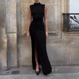 Fongt Autumn And Winter New Half-High Neckless Sleeveless Waist Folded Open Fork Long Dress