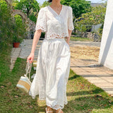 Fongt Three-Dimensional Flower Embroidery French Small Fragrant Suit Women's Short-Sleeved White Top Skirt Suit Shenzhen South Oil Women's