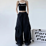 Fongt New Tight High Waist Design Sense Niche Black Cargo Pants Female Loose Casual Fashion Draw Rope Wide Leg Pants-Outfit