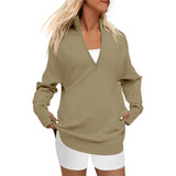 Fongt Hot Style Women's Long Sleeve Half Zipper V-Neck Casual Rib Knit Sweater Women's
