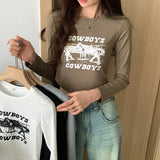 Shoulder Round Collar Long-Sleeved T-Shirt Women's Early Autumn New High-Waisted Spicy Girls Short Style Undershirt-Outfit