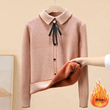Women's Plus Velvet Thicken Polo Collar Knitted Sweaters Winter Korean Sweet Casual Pullover Sueter Warm Slim Crochet