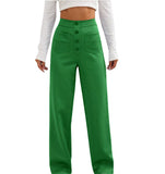 Fongt Fashion New Women's Casual Straight Pants High Waist Button Elastic Belt With Multiple