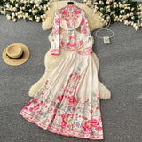 Fongt Dress Dress Woman 2025 New French Waist Bubble Sleeve Print Top High Waist Swing Long Skirt