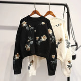 Women Sweaters And Pullovers O-Neck Long-Sleeved Short Flower Embroidery Loose Short Lady Elegant Pulls Outwear Coat