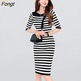 Han Queen Vintage Striped Autumn Dresses Women Knitted Pencil Dress Elegant Korean Simple O-neck Bodycon Work Office