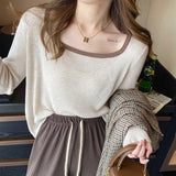 Fongt Versatile Top Retro Square-Neck Long-Sleeve Undershirt With White Loose Sweater Six Wool Sweater-Outfit