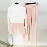 QUALITY New 2023 Designer Runway Suit Set Women's Career Slim Fit Single Button Color Block Blazer Suit Pants Set Two