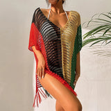 Crochet Bikini Cover Up With Fringe Trim Women Sexy Hollow Tunic Beach Dress 2022 Summer Bathing Suit