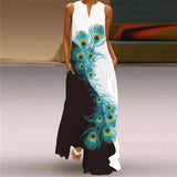 Printed Sleeveless Maxi Dress Women Casual V-neck Robe Dresses Female Plus Size Beach Holiday