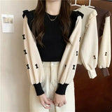 Women's O Neck Lantern Sleeve Spliced Sweater Korean Sweet Casual Knit Tops Bow Printed Pullover Soft Slim Knitwear