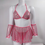 Glitter Pink Two Piece Set Fairy Crop Top Mini Skirt Summer Clothes Sexy Club Rave Festival