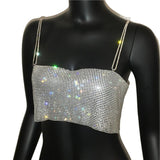 New Solid Women Sleeveless Crop Top Fashion See Through Metal Spaghetti Strap Sparkly Rhinestone Beach Tank Top