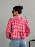 Fongt Women's Plaid Loose Bow Long-Sleeved Shirt