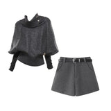 Fongt Old Money Style High-Neck Knitted Cloak Sweater With Gray Shorts Autumn Two Sets