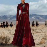 Fongt Elegant Autumn And Winter Long Sleeve Western Velvet Dress