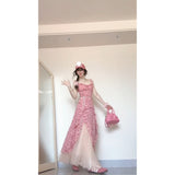 Fongt Floral Sling Dress Female Design Sense Niche Lotus Side Temperament Waist Dress Two Sets