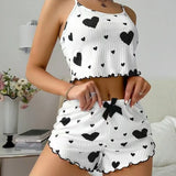 Fongt New 2024 Knitted Pit Strip Love Print Design Sweet Sling Shorts Pure Pyjamas